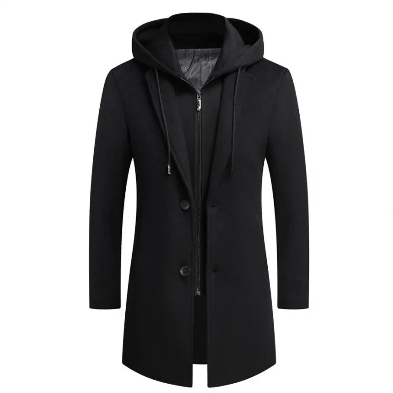 Men's Wool Blend Trench Coat with Detachable Hood
